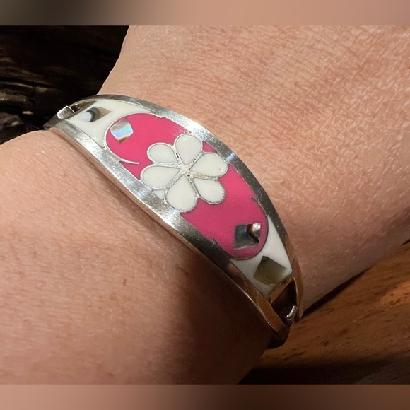 Authentic Mexican Alpaca Pink White Daisy Cuff Bracelet Abalone MOP Small Bangle - Picture 5 of 7